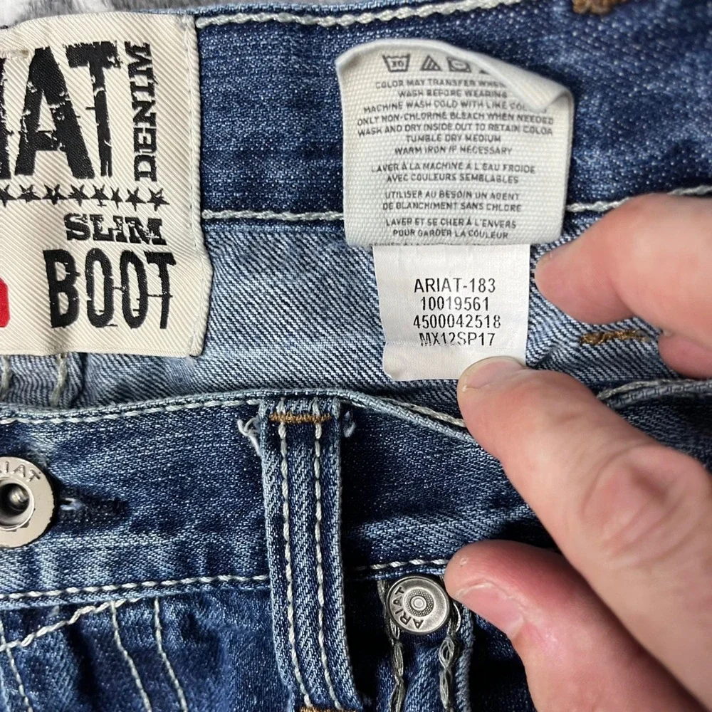Ariat M6 Slim Boot Jeans 36x32 Mens Med Wash 100% Cotton Denim Pocket Embroidery